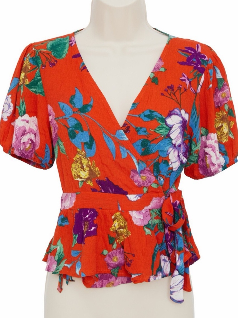 One Clothing Los Angeles Red Orange Floral Wrap Blouse Puff Sleeve Peplum Hem S